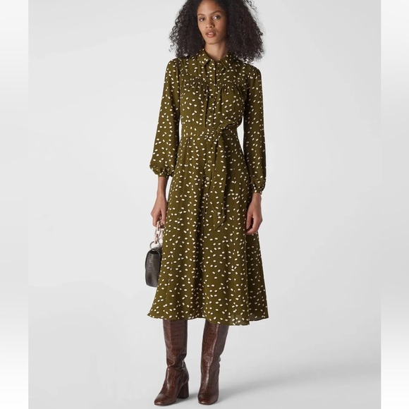 Whistles Dresses & Skirts - Whistles Shadow Spot Print Shirt Dress UK 6 Olive Khaki Green Midi
